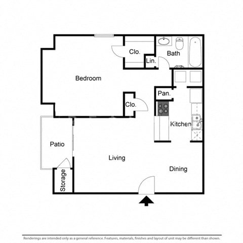 Floor plan for 1 bed, 1 bath, 630 sqft